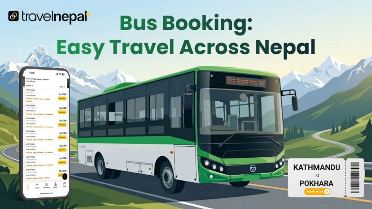 Travel Nepal Bus Booking banner showing a green bus on a mountain road with Kathmandu to Pokhara ticket booking through mobile app.