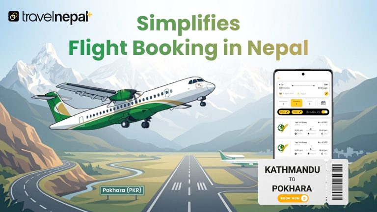 Travel Nepal flight booking banner featuring an airplane, Kathmandu to Pokhara ticket booking, and mobile flight reservation system in Nepal.