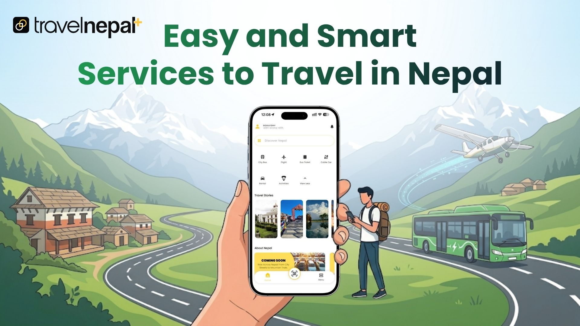 Travel Nepal Plus app showing easy and smart travel services including flight booking, bus tickets, cable car and city bus in Nepal