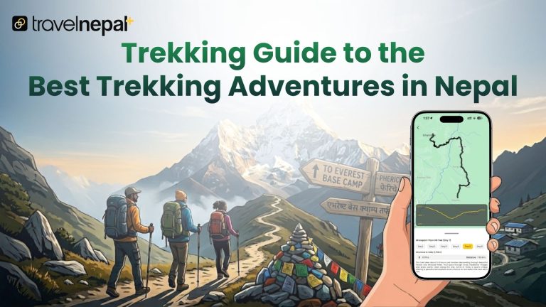 Travel Nepal Plus trekking guide app showing Ghorepani Poon Hill trek route map with trekkers heading towards Everest Base Camp in Nepal.