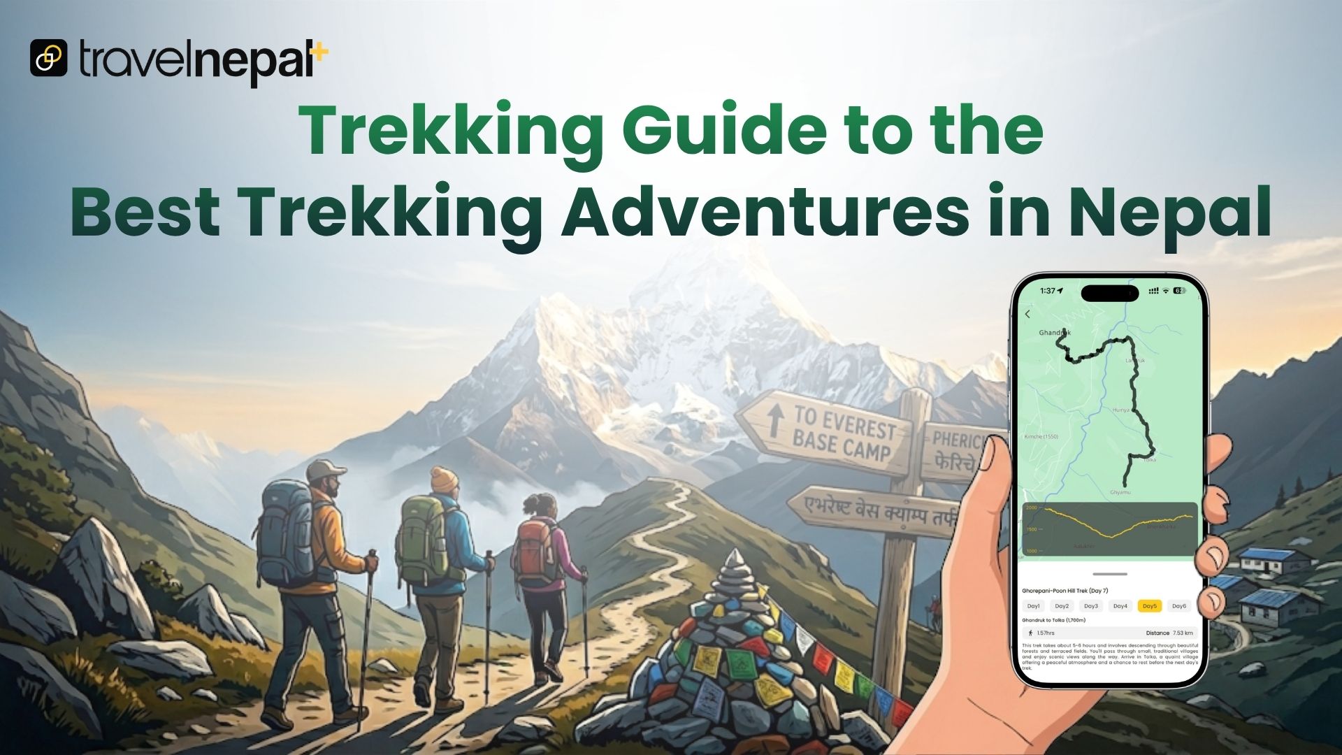 Travel Nepal Plus trekking guide app showing Ghorepani Poon Hill trek route map with trekkers heading towards Everest Base Camp in Nepal.