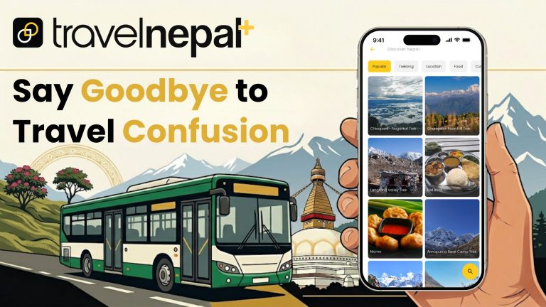 Travel Nepal Plus best bus route app in Nepal showing discover Nepal screen with trekking destinations momo dal bhat and city bus for easy travel navigation