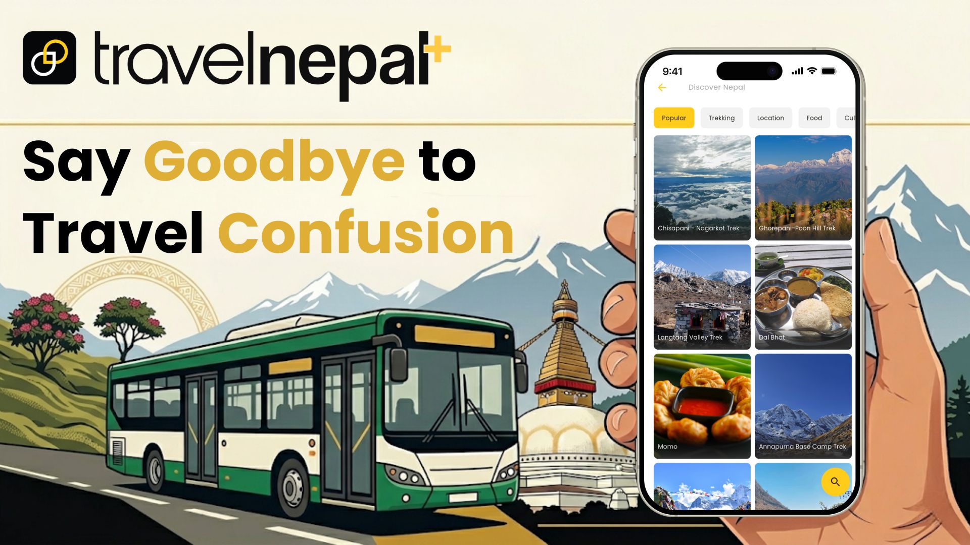 Travel Nepal Plus best bus route app in Nepal showing discover Nepal screen with trekking destinations momo dal bhat and city bus for easy travel navigation