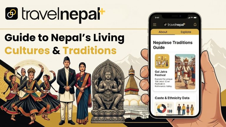 TravelNepal+ app banner promoting Nepal's living cultures and traditions, with traditional dancers, cultural figures, and app screenshots of the Nepalese Traditions Guide