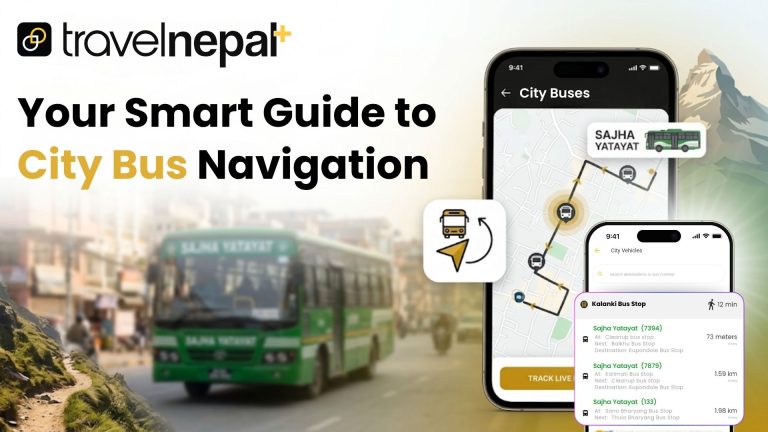 TravelNepal+ app promotional banner showing city bus navigation features with a Sajha Yatayat bus on a Kathmandu road and smartphone screenshots of live bus tracking and nearby stop listings